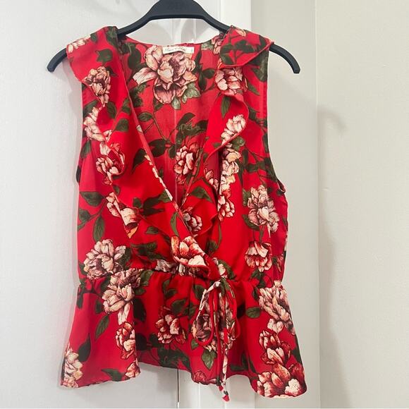Heart & Hips Red Floral Print Ruffle Trim Sleeveless Wrap Blouse - Picture 2 of 8